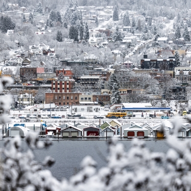 View of Nelson covered in fresh snow.
